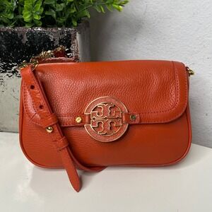 Tory Burch Amanda Burnt Orange Pebbled‎ Leather Mini Crossbody Preppy Coconut